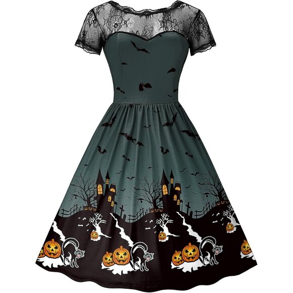 Womens Halloween Costume Lace Short Sleeves Swing Black Midi Dress - Picture 1 of 5